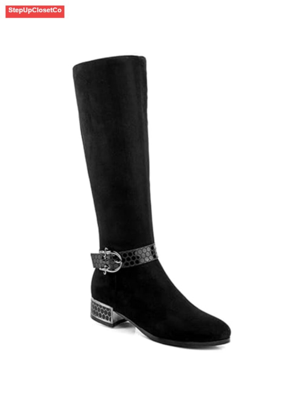 Faux Suede Knee-High Boots Low Block Heel Beehive Straps